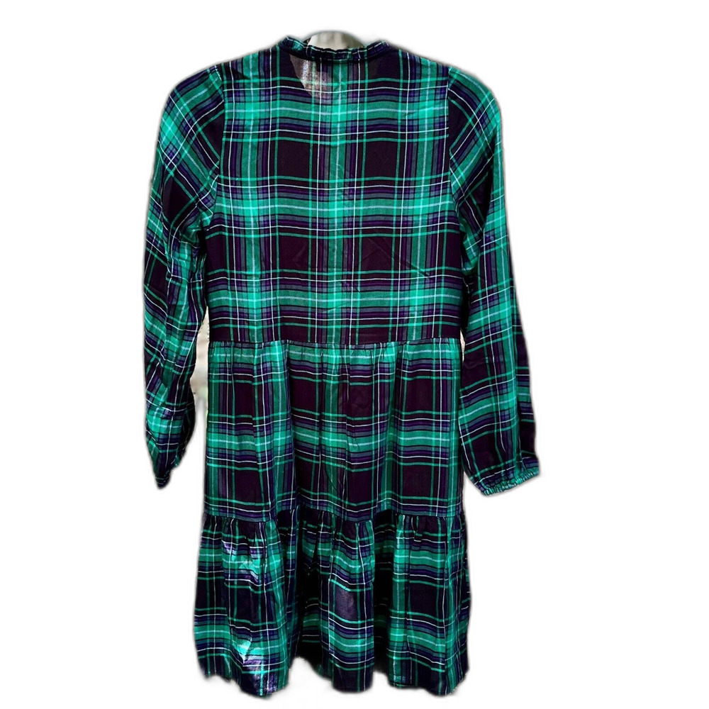 LOFT Tartan Plaid Puff Sleeve Tiered Dress Womens XS Green Blue Modern Grunge - Picture 3 of 12